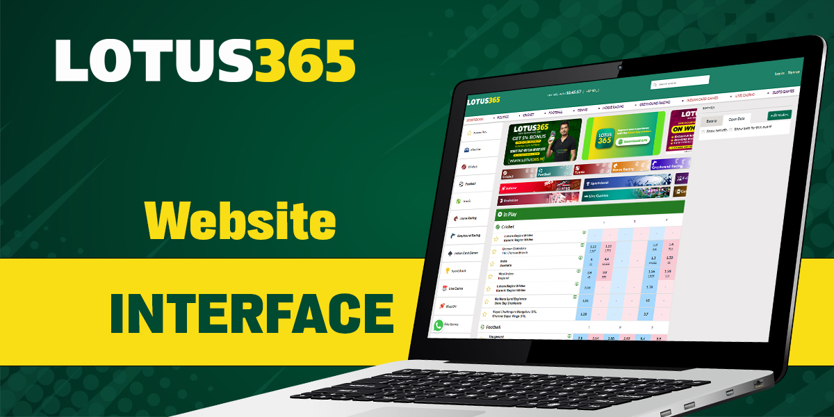 Interface features of Lotus365 online bookmaker and casino site in India
